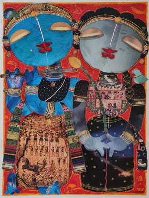 Religious mixed media painting titled 'Radhakrishna', 24x18 inches, by artist G Subramanian on Canvas