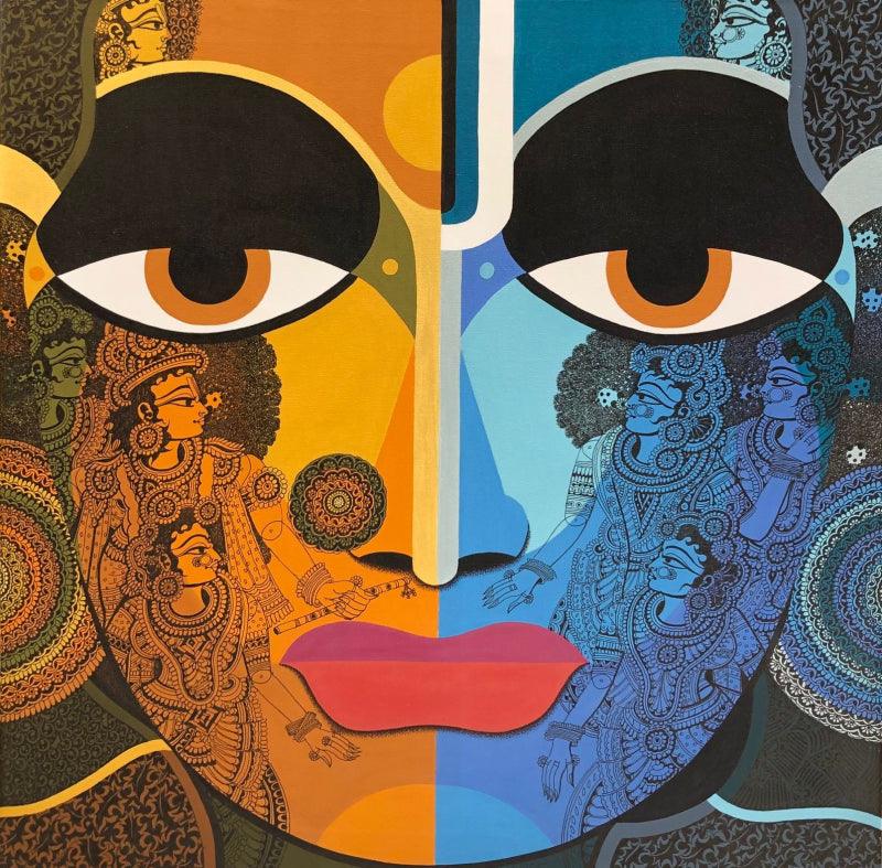 Religious mixed media painting titled 'Radhakrishna', 30x30 inches, by artist Nagesh Goud on Canvas