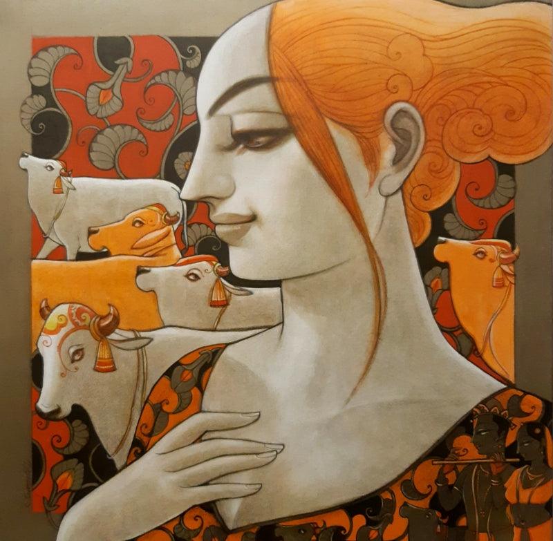 Figurative mixed media painting titled 'Radhika 1', 30x30 inches, by artist Sukanta Das on Canvas