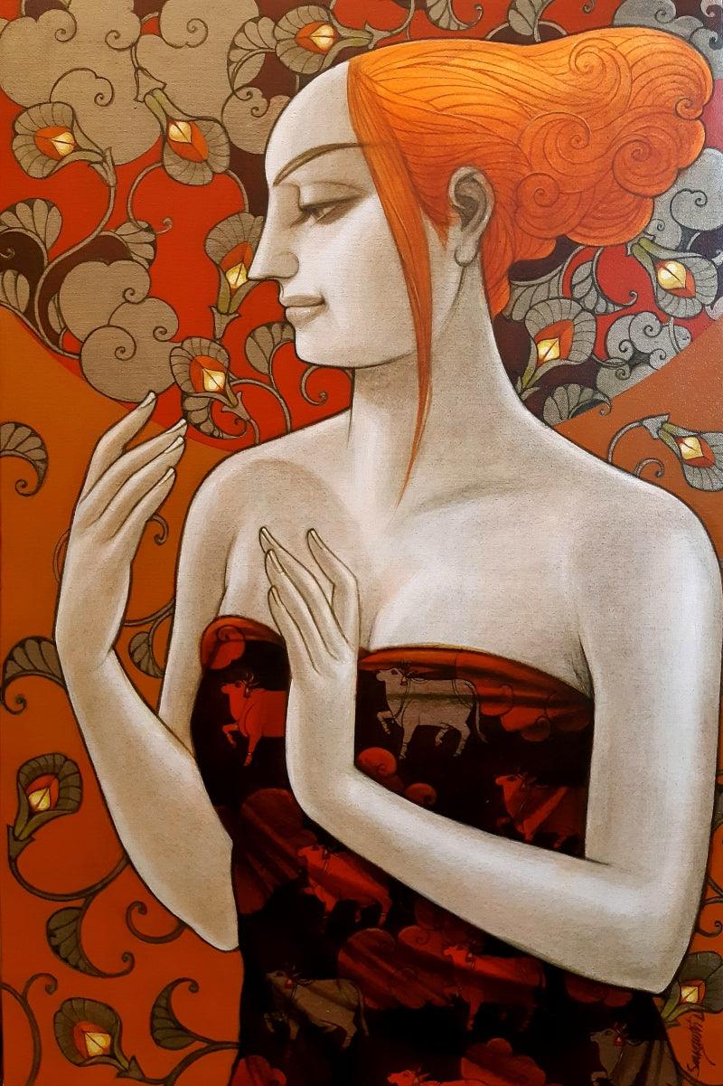 Figurative mixed media painting titled 'Radhika 11', 36x24 inches, by artist Sukanta Das on Canvas