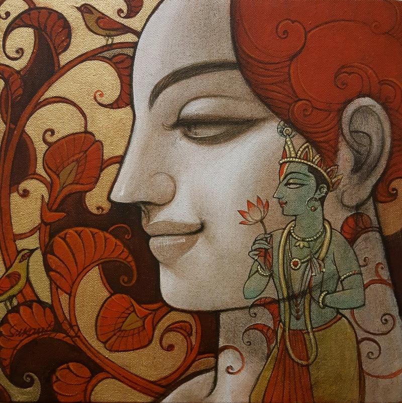 Religious mixed media painting titled 'Radhika 2', 12x12 inches, by artist Sukanta Das on Canvas