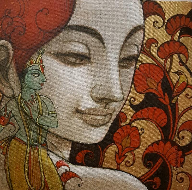 Religious mixed media painting titled 'Radhika 3', 12x12 inches, by artist Sukanta Das on Canvas