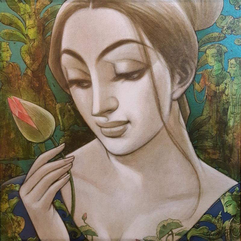 Figurative mixed media painting titled 'Radhika 9', 24x24 inches, by artist Sukanta Das on Canvas