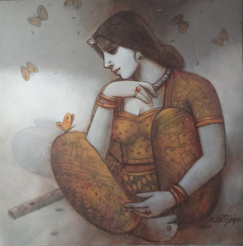 Figurative acrylic painting titled 'Radhika', 30x30 inches, by artist Subrata Das on Canvas