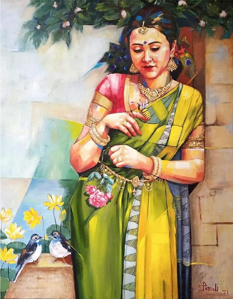Figurative acrylic painting titled 'Radhika', 30x24 inches, by artist Tamali Das on canvas