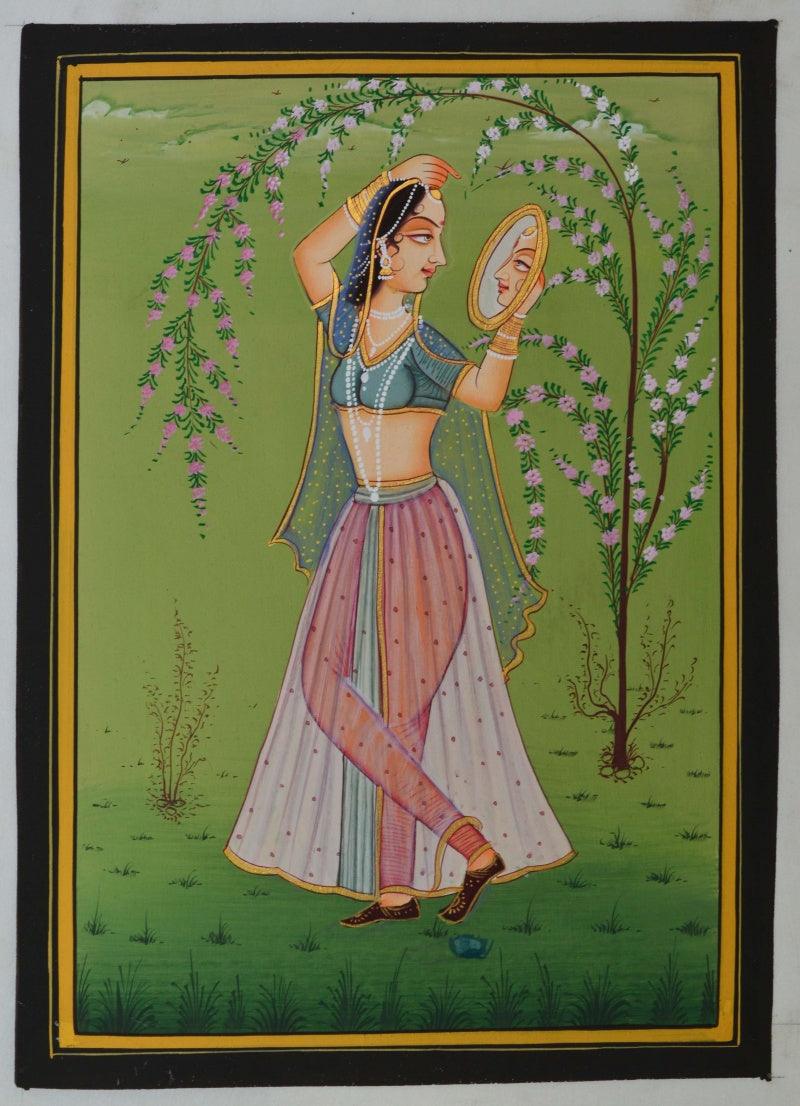 Figurative miniature traditional art titled 'Ragini Admiring Self In Mirror', 11x8 inches, by artist Unknown on Silk