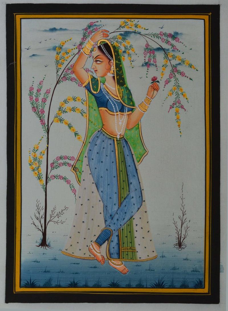Figurative miniature traditional art titled 'Ragini Waiting', 11x8 inches, by artist Unknown on Silk