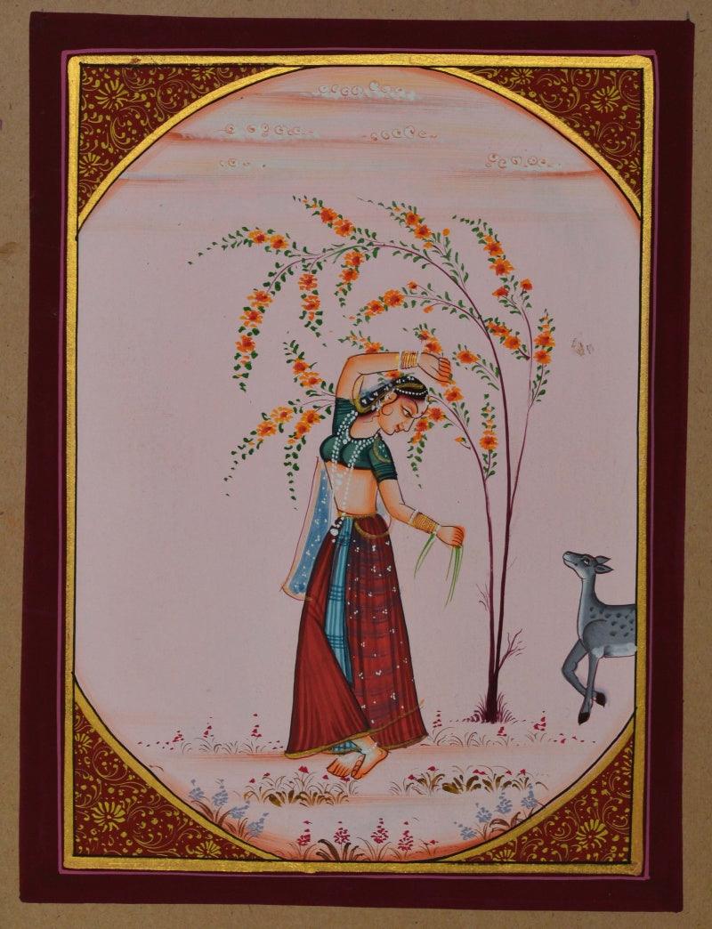 Figurative miniature traditional art titled 'Ragini With Deer', 8x6 inches, by artist Unknown on Paper