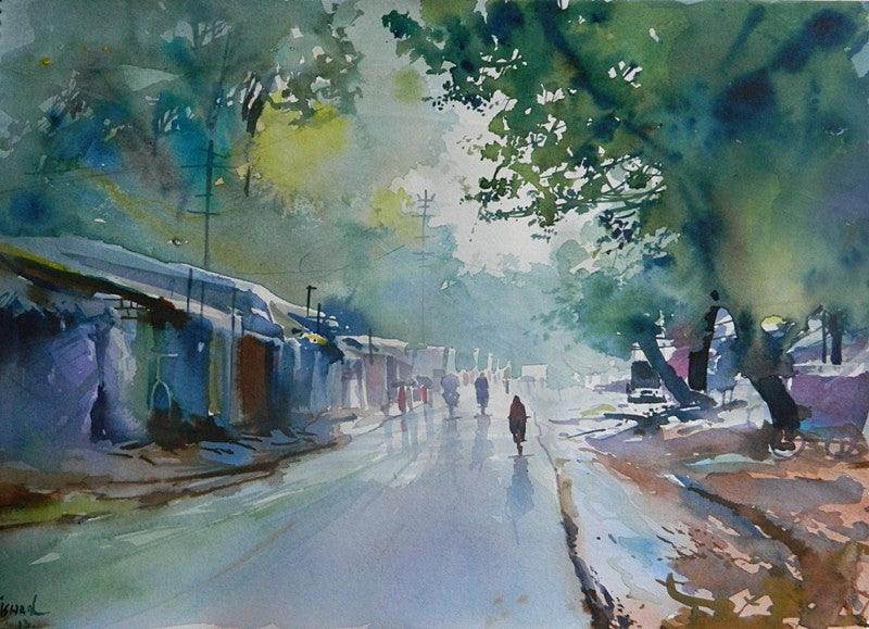 Nature watercolor painting titled 'Rain', 14x20 inches, by artist Bijay Biswaal on Paper