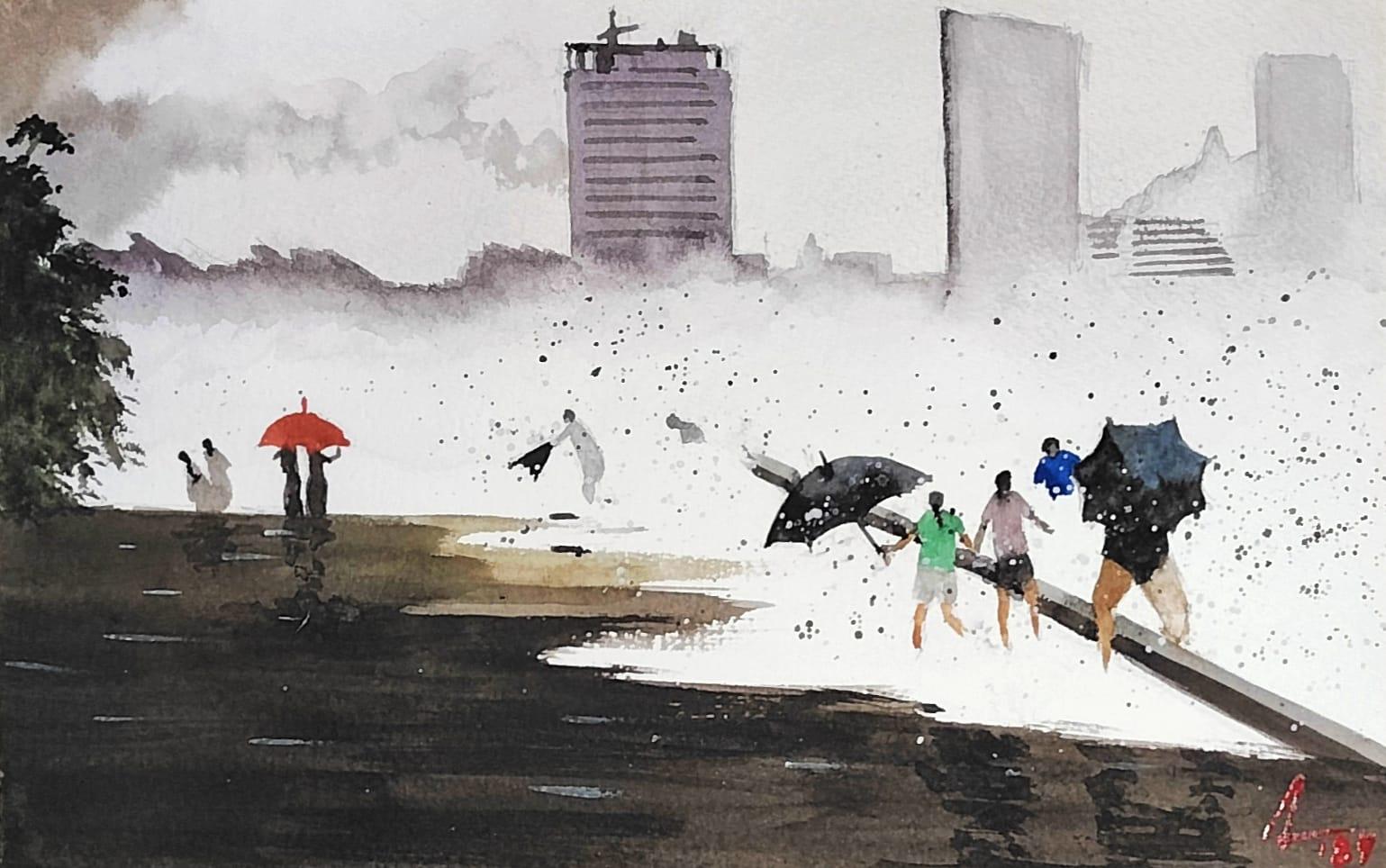 Cityscape watercolor painting titled 'Raining In Mumbai', 7x11 inches, by artist Arunava Ray on Paper