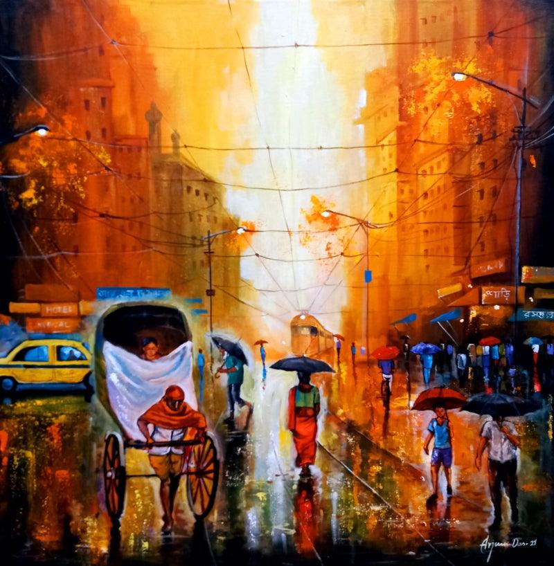 Cityscape acrylic painting titled 'Rainy Day 2', 30x30 inches, by artist Arjun Das on Canvas
