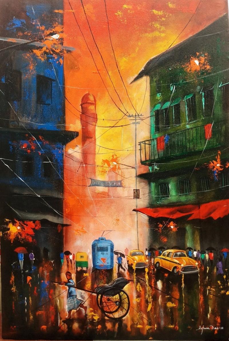 Cityscape acrylic painting titled 'Rainy Day 9', 36x24 inches, by artist Arjun Das on Canvas