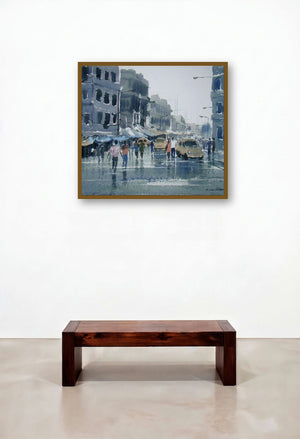 Rainy Day (City in the Rain) by artist Jiaur Rahman displayed in a Classic Dining Room