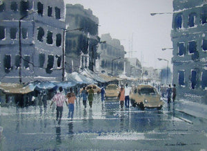 Rainy Day (City in the Rain) by Jiaur Rahman, Original Watercolor Cityscape Painting on Paper, Small Horizontal Wall Art