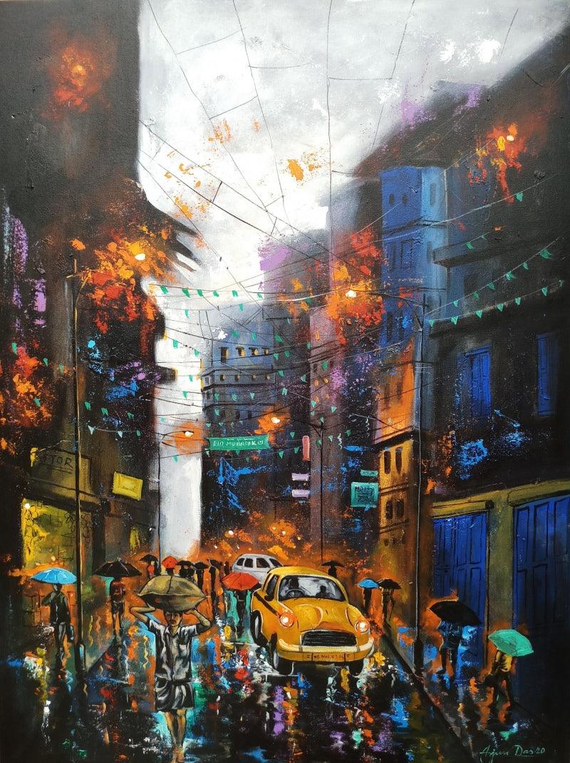 Cityscape acrylic painting titled 'Rainy Day', 42x32 inches, by artist Arjun Das on Canvas