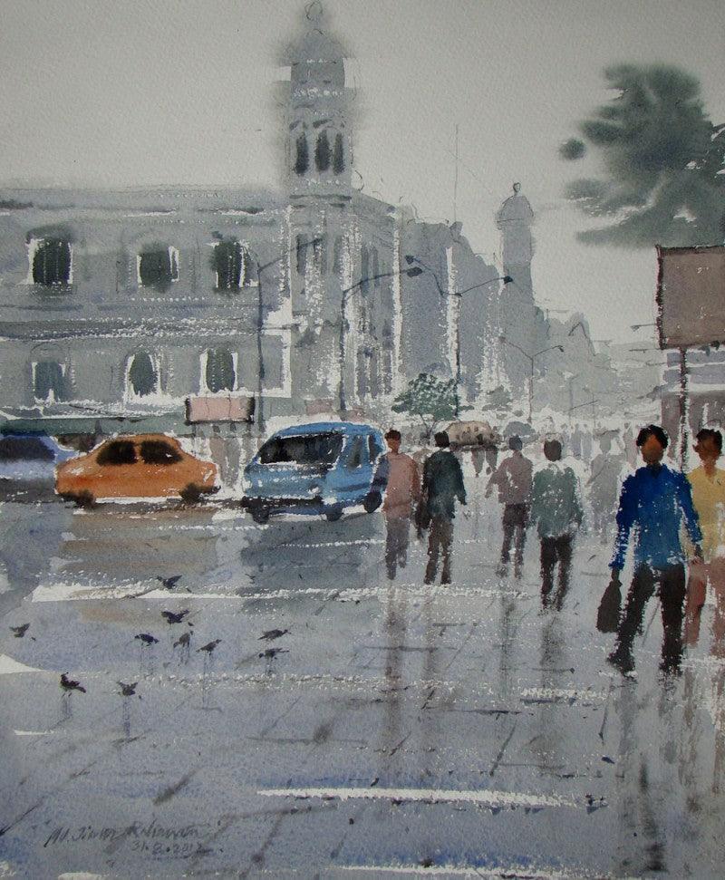 Cityscape watercolor painting titled 'Rainy Day', 11x13 inches, by artist Jiaur Rahman on Paper