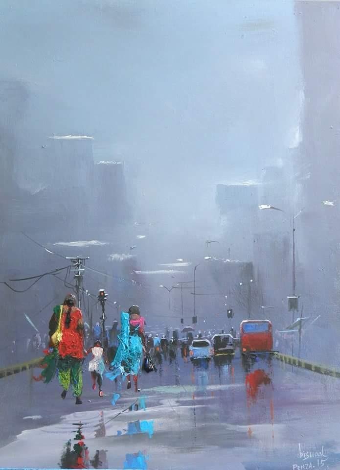 Cityscape acrylic painting titled 'Rainy Day', 36x30 inches, by artist Bijay Biswaal on Canvas