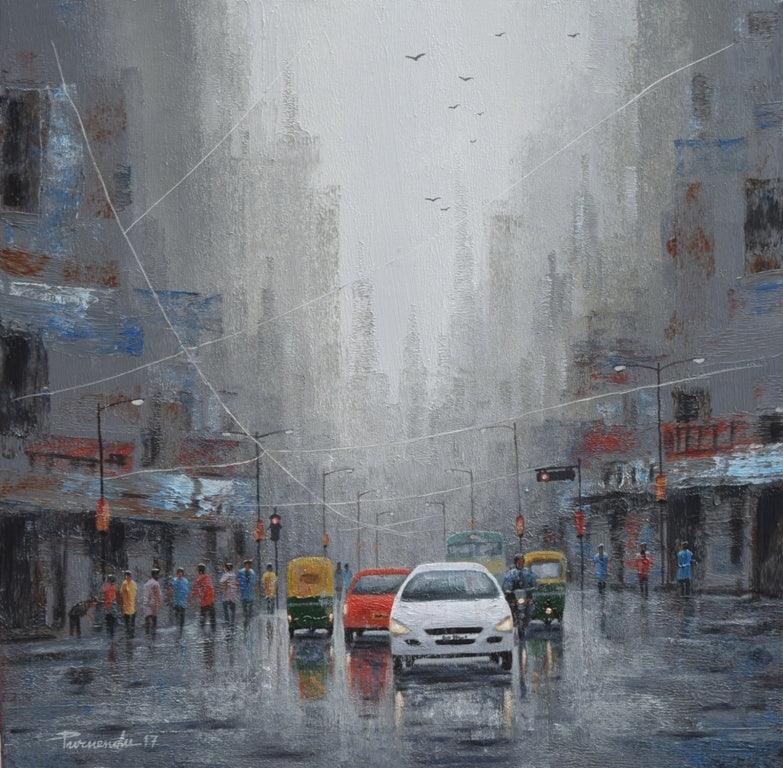 Cityscape acrylic painting titled 'Rainy Day', 24x24 inches, by artist Purnendu Mandal on Canvas