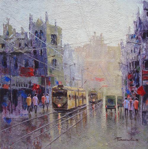 Cityscape acrylic painting titled 'Rainy Day In Kolkata', 48x60 inches, by artist Purnendu Mandal on Canvas