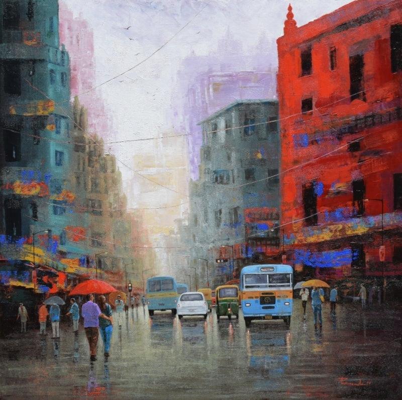 Cityscape acrylic painting titled 'Rainy Day In Kolkata', 48x48 inches, by artist Purnendu Mandal on Canvas