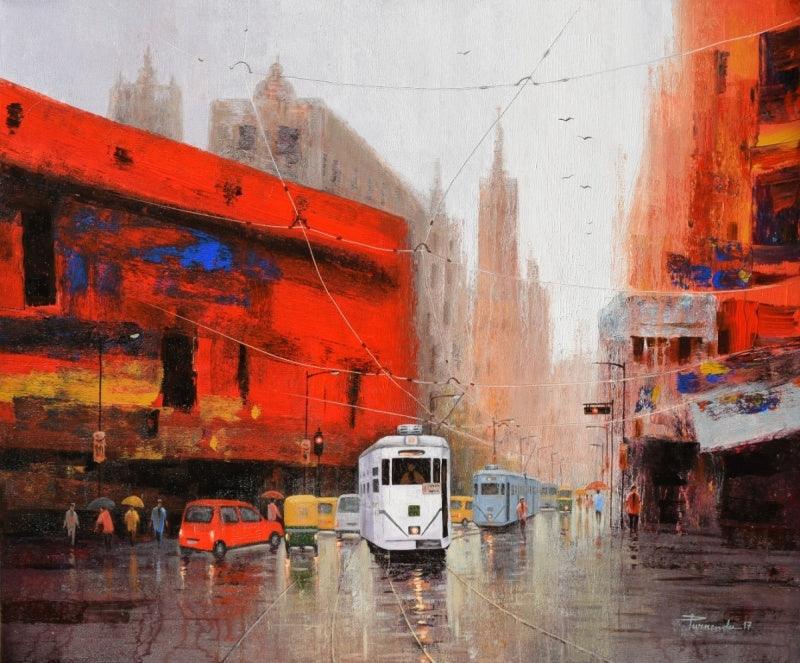 Cityscape acrylic painting titled 'Rainy Day In Kolkata', 30x36 inches, by artist Purnendu Mandal on Canvas