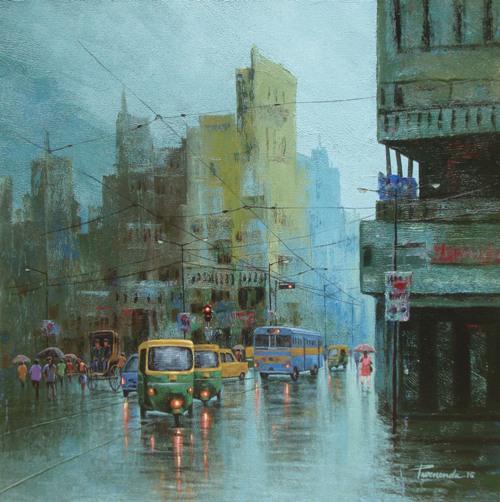 Cityscape acrylic painting titled 'Rainy Day In Kolkata II', 24x24 inches, by artist Purnendu Mandal on Canvas