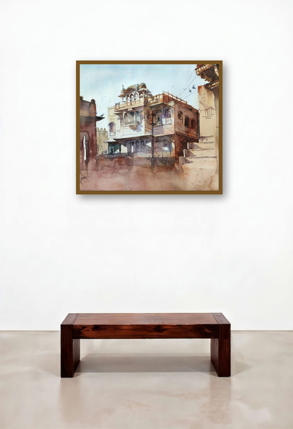 Rajasthan (Sun-Kissed Haveli in Jodhpur) by artist Sagar Palwe displayed in a Modern Hotel Suite