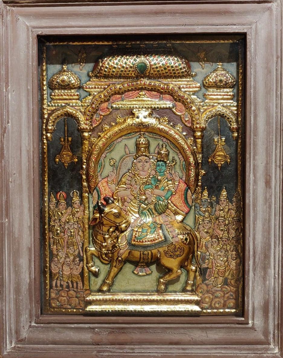 Religious tanjore traditional art titled 'Ram Sita', 28x21 inches, by artist Unknown on Wood