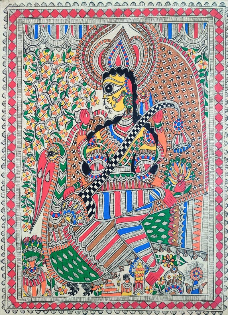 Religious madhubani traditional art titled 'Ram Sita', 30x22 inches, by artist Mithilesh Jha on Paper