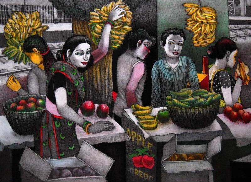 Figurative mixed media painting titled 'Reciprocal', 31x39 inches, by artist Kalipada Purkait on Paper