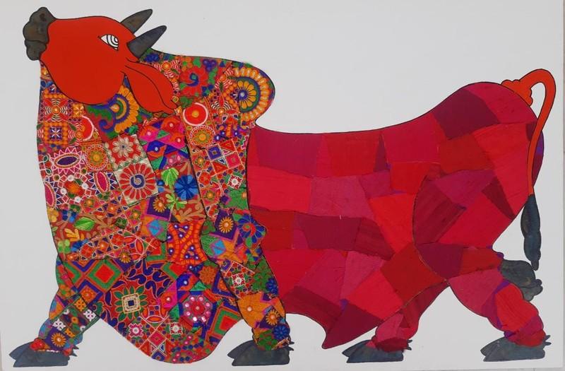 Animals mixed media painting titled 'Red Bull', 15x22 inches, by artist Sreekanth Kurva on Canvas Board