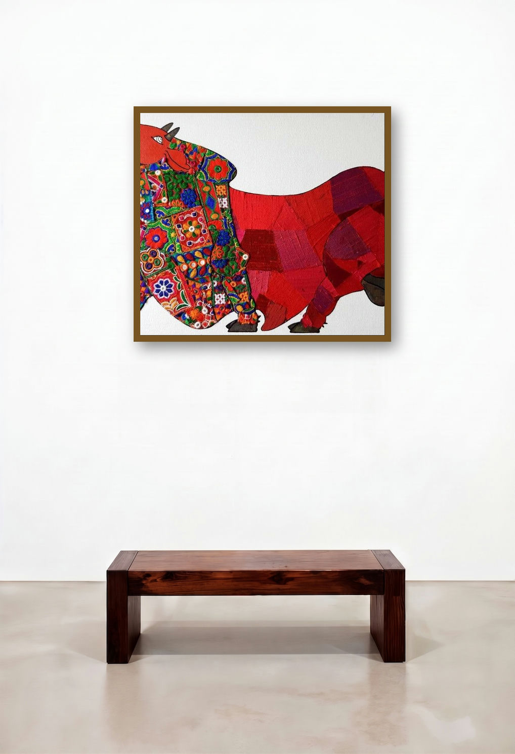 Red Bull (Bull in Bloom) by artist Sreekanth Kurva displayed in a Mid-Century Modern Bedroom