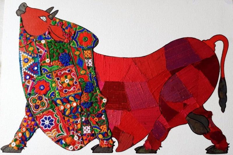 Animals mixed media painting titled 'Red Bull', 15x22 inches, by artist Sreekanth Kurva on Board