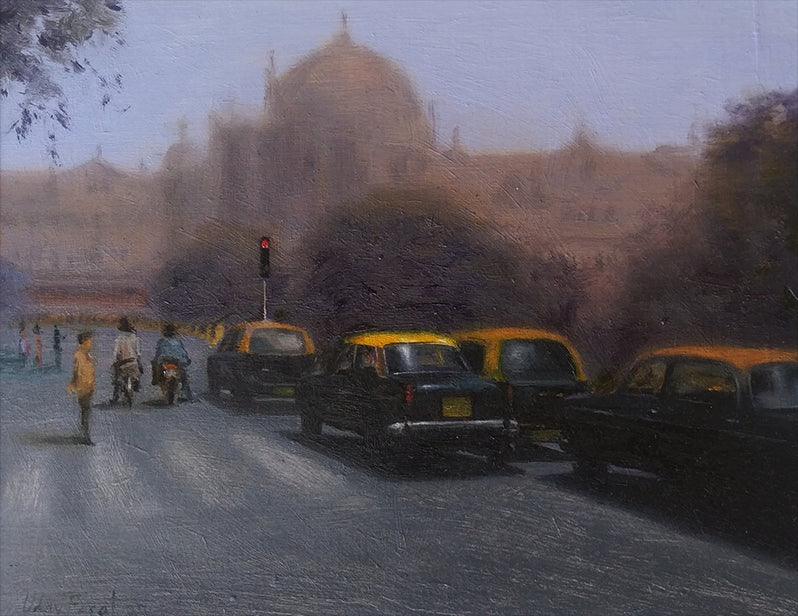 Cityscape oil painting titled 'Red Light', 14x16 inches, by artist Uday Farat on Mount Board