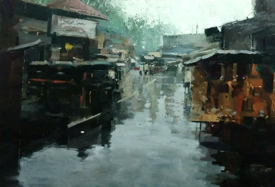 Cityscape oil painting titled 'Reflection 1', 24x30 inches, by artist Suresh Jangid on Stretch Canvas