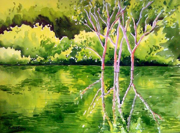 Landscape watercolor painting titled 'Reflection', 15x11 inches, by artist Rahul Salve on Paper