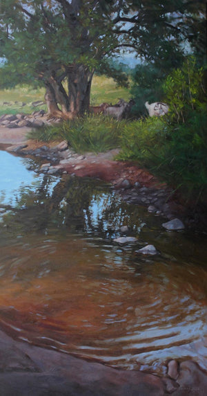Seascape oil painting titled 'Reflection', 46x24 inches, by artist Manoj Deshmukh on Canvas