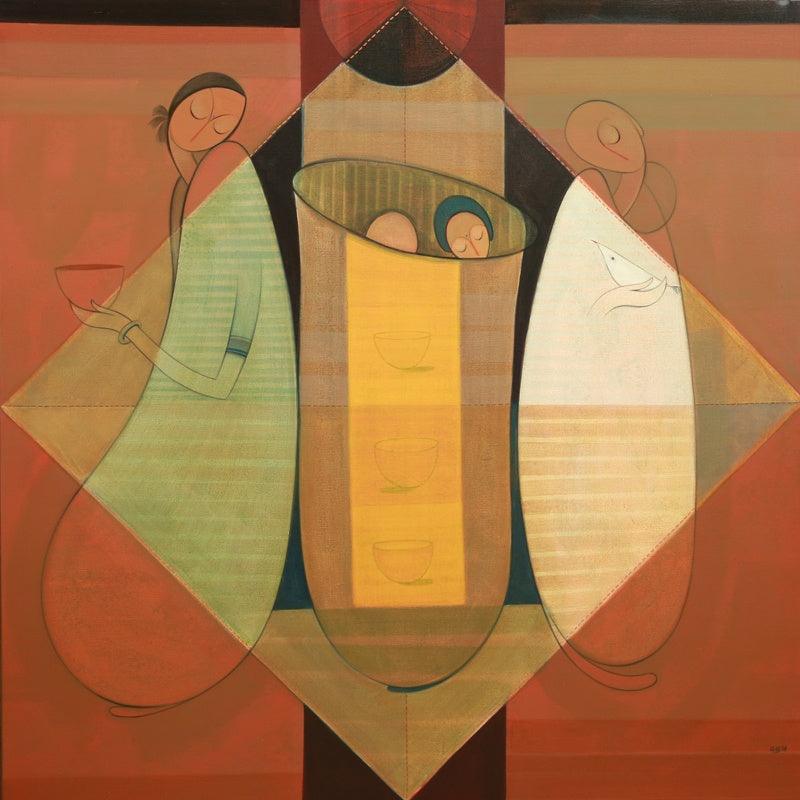 Figurative acrylic painting titled 'Reflection', 48x48 inches, by artist Dattatraya Thombare on Canvas