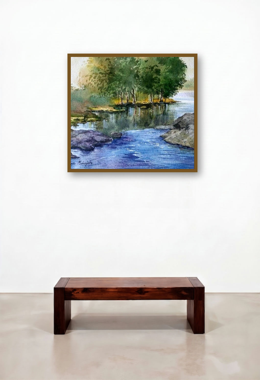 Reflection (Serene Reflections) by artist Madhukar Mahajan displayed in a Contemporary Luxury Hotel Lobby