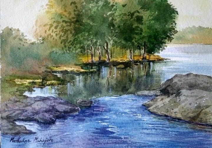 Seascape watercolor painting titled 'Reflection', 11x15 inches, by artist Madhukar Mahajan on Paper