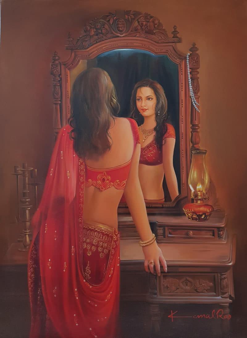 Figurative oil painting titled 'Reflection', 36x48 inches, by artist Kamal Rao on Canvas
