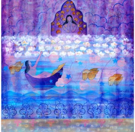 Figurative mixed media painting titled 'Reflection', 30x30 inches, by artist Poonam Agarwal on Canvas