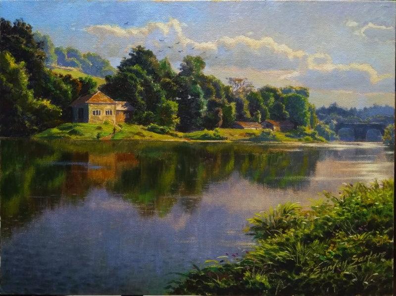 Landscape acrylic painting titled 'Reflection', 12x16 inches, by artist Sanjay Sarfare on Canvas Board