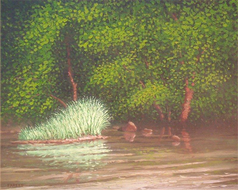 Landscape oil painting titled 'Reflection', 20x16 inches, by artist Fareed Ahmed on Canvas Board