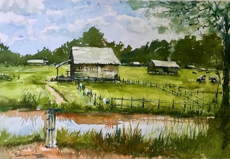 Landscape watercolor painting titled 'Reflection Village', 14x20 inches, by artist KS Farvez on Paper