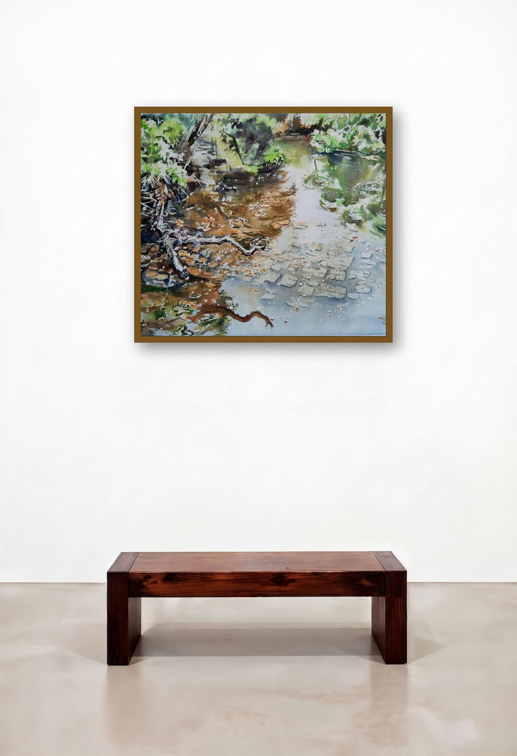 Reflections (Serene River Scene) by artist Lasya Upadhyaya displayed in a Rustic Hotel Lobby