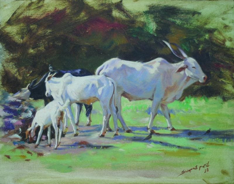 Animals oil painting titled 'Relation', 14x18 inches, by artist Swapnil Patil on Canvas