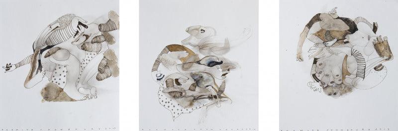 contemporary mixed media painting titled 'Relation', 11x30 inches, by artist Susmita Chowdhury on Paper