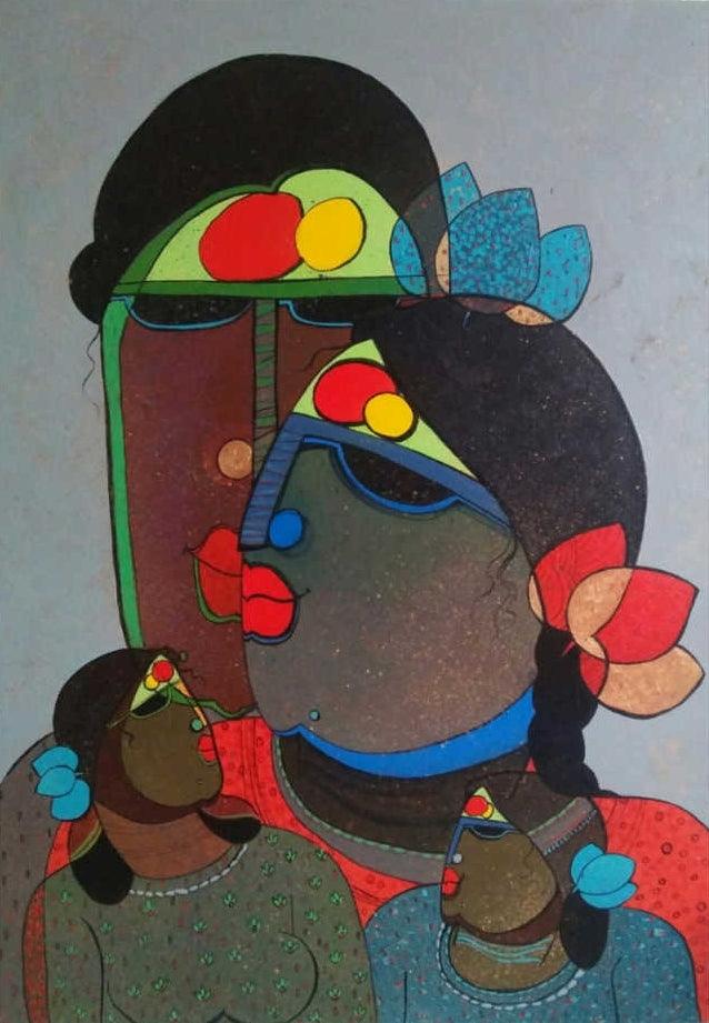 Figurative acrylic painting titled 'Relation', 28x20 inches, by artist Priyanka Chivte on Canvas