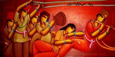 Figurative acrylic painting titled 'Rest', 36x72 inches, by artist Samir Sarkar on Canvas